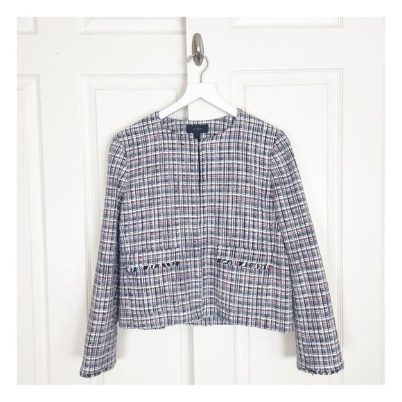 J. Crew Tweed Navy Red Lady Jacket Blazer Classic Tailored Chic Sz 14 - Picture 2 of 14